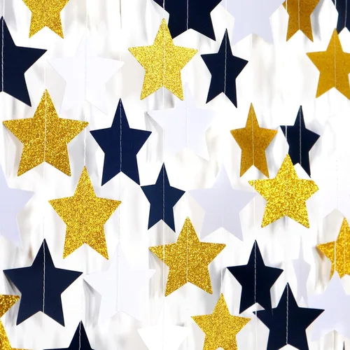 Vista 16 de Guirnalda de decoración de cumpleaños y graduación en negro y plata - 18.9 metros de serpentinas brillantes con purpurina y estrellas colgantes
