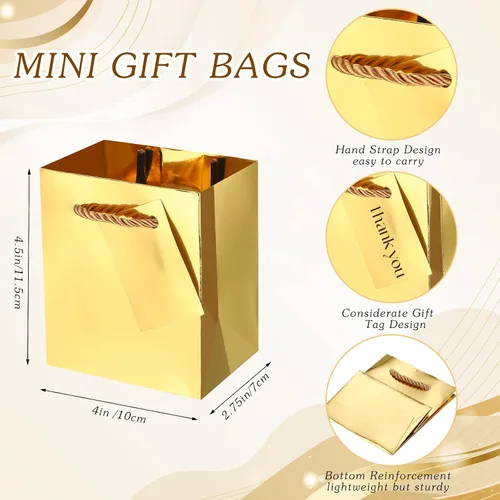 Vista 3 de Nuanchu 50 mini bolsas de regalo a granel, 4 bolsas de papel de 2.75 x 4.5 pulgadas con etiquetas de regalo, bolsas de papel metálico extra pequeñas