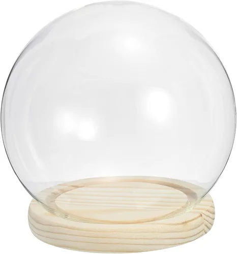 Vista 9 de PATIKIL Cúpula de cristal transparente Cloche de 4 pulgadas, vitrina de cristal con forma de globo, centro de mesa con base de madera natural