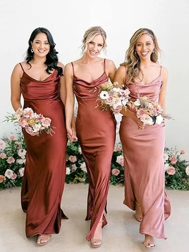 Vista 2 de Vestidos largos de satén para dama de honor con tirantes delgados con abertura lateral para boda para mujer vestidos formales de fiesta de noche BD12