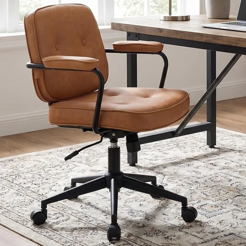 Vista 11 de LukeAlon Silla de escritorio ajustable de piel sintética, silla giratoria de 360° negra con reposabrazos, asiento grueso, botones y ruedas