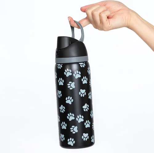 Vista 3 de Paw Print - Botella de agua de acero inoxidable con aislamiento de doble pared fácil de beber de 32 onzas, tapa abatible con una sola mano con Negro