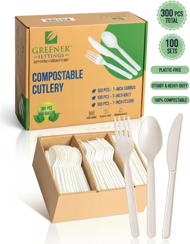 Vista 3 de Juego de cubiertos 100% compostables, 300 tenedores, cucharas y cuchillos desechables, utensilios resistentes a base de plantas de 7 pulgadas