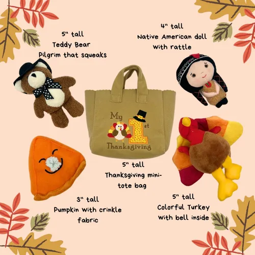 Vista 6 de Genius Baby Toys Mi primer juguete de Acción de Gracias con pavo de peluche, oso de peluche, pastel de calabaza, niña indígena nativa americana