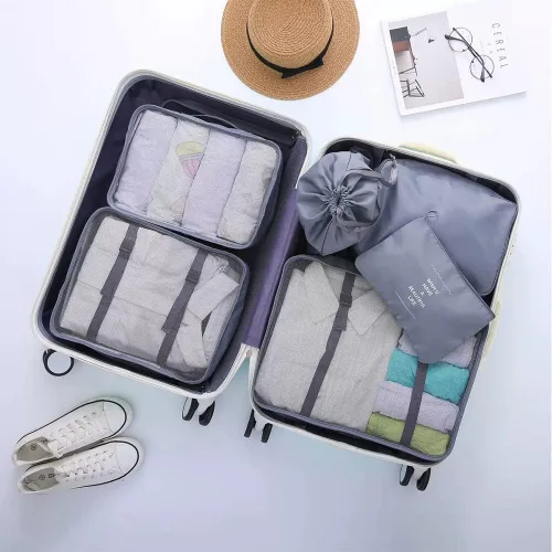 Vista 7 de Fxkoolr Juego de 6 cubos de embalaje, organizadores de equipaje para viajes (gris)