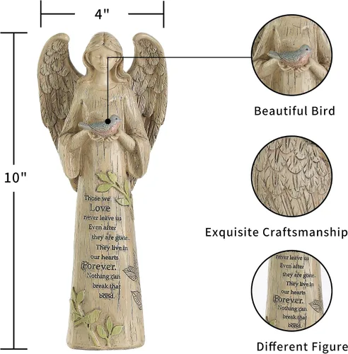 Vista 6 de Estatua de ángel de resina con pájaro, escultura de jardín al aire libre de 10 pulgadas para patio y césped, regalo conmemorativo impermeable