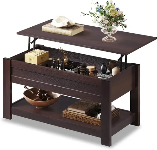 Vista 14 de WLIVE - Mesa de centro con parte superior elevable de 47", mesa de centro con compartimento oculto y 2 estantes de almacenamiento para sala de Roble