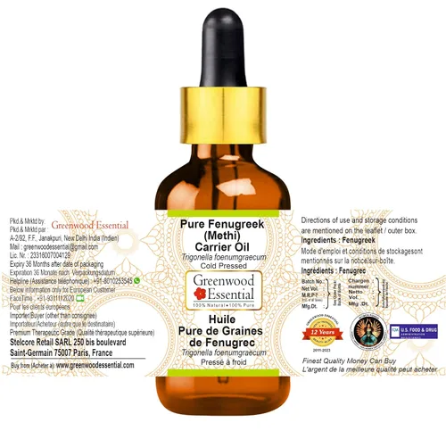 Vista 2 de Greenwood Essential Aceite portador de fenogreco puro (Methi) (Trigonella foenumgraecum) con cuentagotas de vidrio prensado en frío 0.2 fl oz