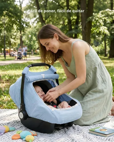 Vista 7 de Rquite Funda de asiento de automóvil para bebé, niña, niño, 100% muselina de algodón, toldo transpirable a prueba de viento con ventana de malla