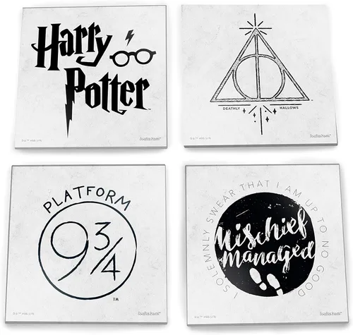 Vista 9 de Harry Potter – Logotipos de cerveza de mantequilla – Juego de cuatro posavasos de cristal de 4 x 4 pulgadas – Viene con un elegante posavasos