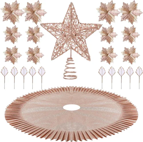 Vista 8 de Sratte El juego de 38 piezas de decoraciones navideñas incluye falda de árbol de lentejuelas, estrella para árbol y flores de Navidad artificiales