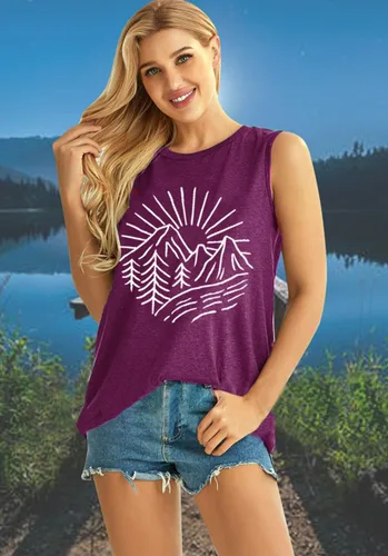 Vista 4 de Camisetas sin mangas de senderismo y montaña para mujer, divertidas camisetas de entrenamiento con gráficos de pino y amanecer, camisetas de verano