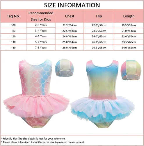 Vista 7 de HIHCBF Traje de baño de una pieza para niñas con volantes Tutú con gorra de sirena y escala, ropa de playa