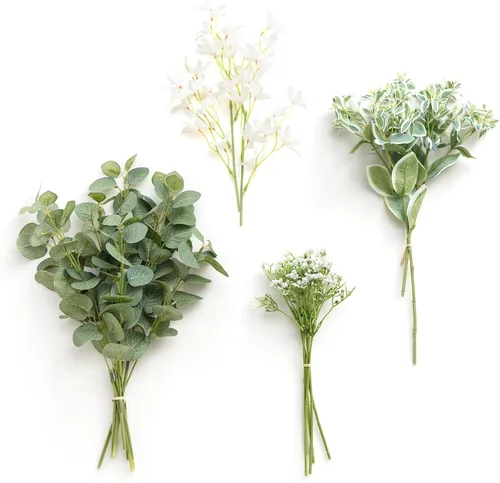 Vista 17 de Ling's moment - Juego de tallos de vegetación artificial verde, 36 piezas con 8 tipos de flores artificiales para ramos de novia de bricolaje Negro