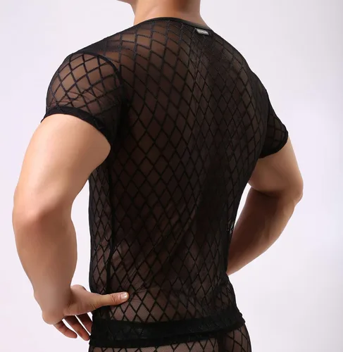 Vista 3 de Camiseta sexy de malla de manga corta para hombre
