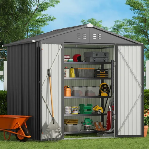 Vista 17 de Gizoon Cobertizo de almacenamiento para exteriores de 8 x 6 pies, cobertizo de jardín de metal galvanizado con puertas dobles con cerradura, Marrón