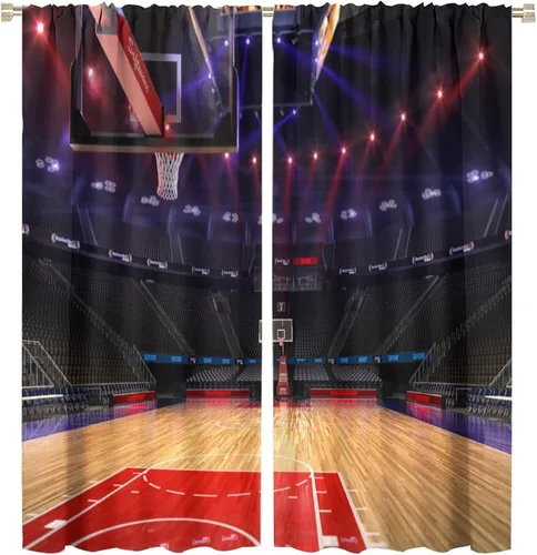 Vista 45 de Cortinas deportivas de baloncesto para niños, patrón de llama de bola 3D naranja, 42 pulgadas de ancho x 45 pulgadas de largo