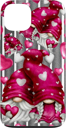 Vista 7 de Pink Heart Pattern On Grey Striped Decor Valentine Gnome Case for iPhone 17