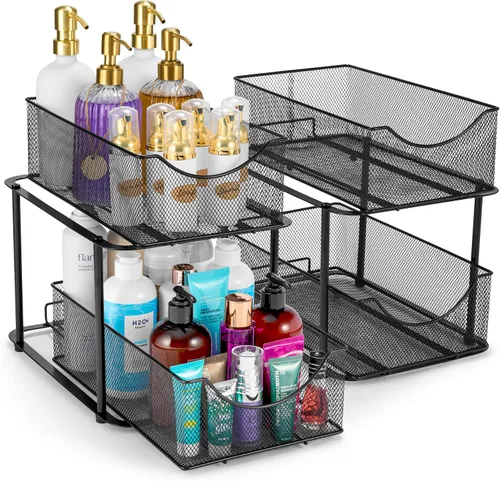 Vista 10 de Sorbus Organizador de metal para debajo del fregadero de 2 niveles para baño, cocina, cajones deslizantes de malla de acero fuerte para debajo
