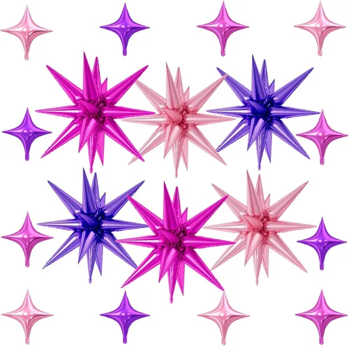 Vista 12 de 18 globos de estrella rosa, globo rosa bebé con 6 globos de estrella en explosión de 22 pulgadas, 12 globos de aluminio de cuatro estrellas