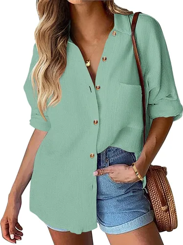 Vista 15 de HOTOUCH Camisa de manga larga con botones de lino para mujer, blusa de algodón casual, holgada, con cuello, para trabajo, de gasa, con bolsillo