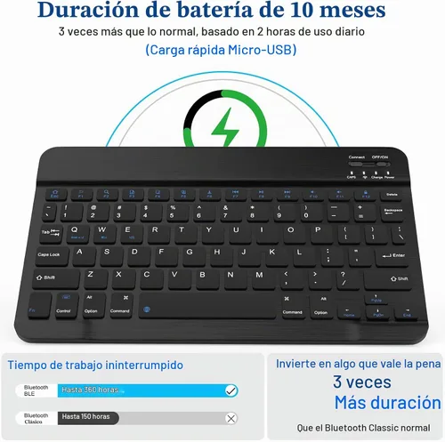 Vista 6 de Combo de teclado y mouse Bluetooth, diseño QWERTY, teclado inalámbrico ultradelgado de 10 pulgadas, sin retrasos, teclado silencioso compatible