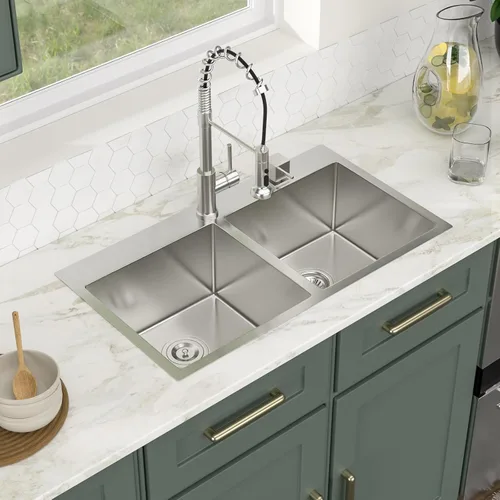 Vista 3 de Logmey - Fregadero de cocina de 32 pulgadas con doble tazón de montaje superior - Fregadero de cocina de acero inoxidable hecho a mano de 32 x 18