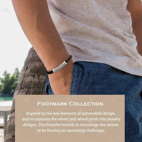Vista 3 de FANCIME Footmark 925 Sterling Silver Herringbone Pattern Genuine Mens Leather Bracelet Braided Rope Spiritual Energy Charm with Push Button Locking