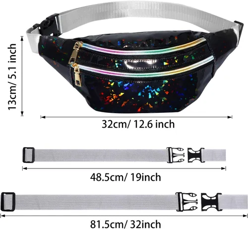 Vista 2 de 2 Piezas Holographic Fanny Pack Metallic Color Sport Waistbag para Mujeres Hombres Niños, Diamond Holographic Sliver and Black
