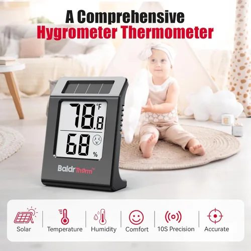 Vista 6 de Termómetro digital e higrómetro de 2.2 pulgadas, sensor de temperatura interior alimentado por energía solar, medidor de humedad para habitaciones
