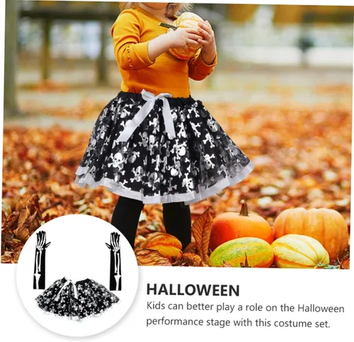 Vista 6 de 1 juego de traje de Halloween, decoración de fiesta de Halloween, guantes de calavera, disfraz de cosplay de Halloween, traje negro, falda negra