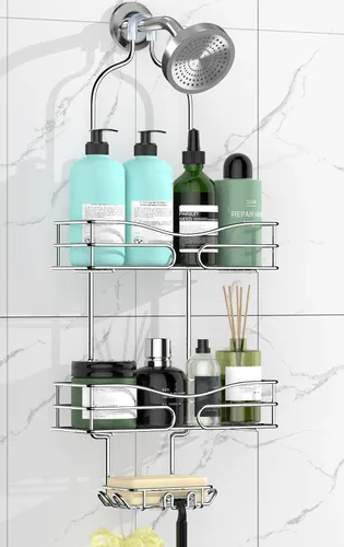 Vista 12 de DAOYA Organizador de Ducha para Baño Colgante - Organizador de 3 Niveles con Soporte para Jabón y 6 Ganchos para Toallas, Esponja; Compatible