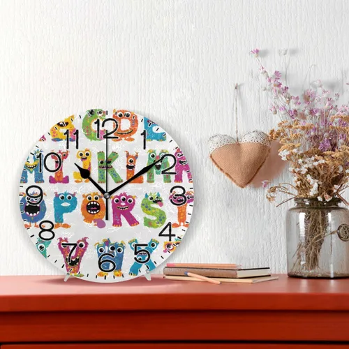 Vista 2 de ALAZA Reloj de pared con letras del alfabeto de monstruo divertido, funciona con pilas, silencioso, de cuarzo, analógico, rústico, rústico, reloj