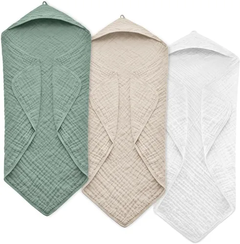 Vista 9 de Toallas de bebé con capucha para recién nacido, 35 x 35 pulgadas, paquete de 3 toallas de baño 100% algodón de muselina para bebé, toallas de playa