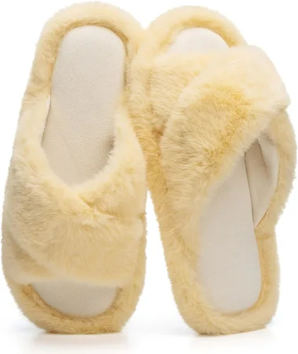 Vista 8 de Pantuflas mullidas para mujer, con banda cruzada, zapatos de casa para mujer, espuma viscoelástica, puntera abierta, silenciosas