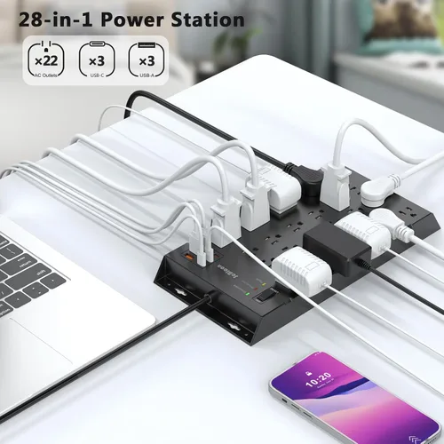 Vista 2 de JcBlaon - 22 salidas y 6 USB Big Power Strip, protector de sobretensiones con 3USB C y 3USB A puertos de carga, cable de extensión de enchufe plano