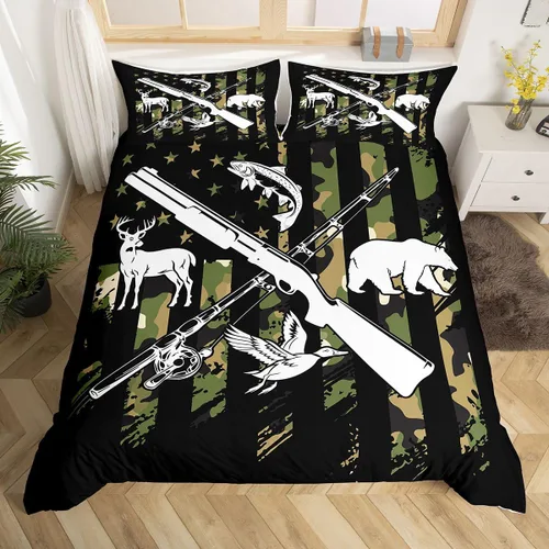 Vista 25 de Funda de edredón de cabaña marrón retro, juego de ropa de cama de retazos con diseño de oso del bosque, ciervos para cabaña rústica, funda de Multi