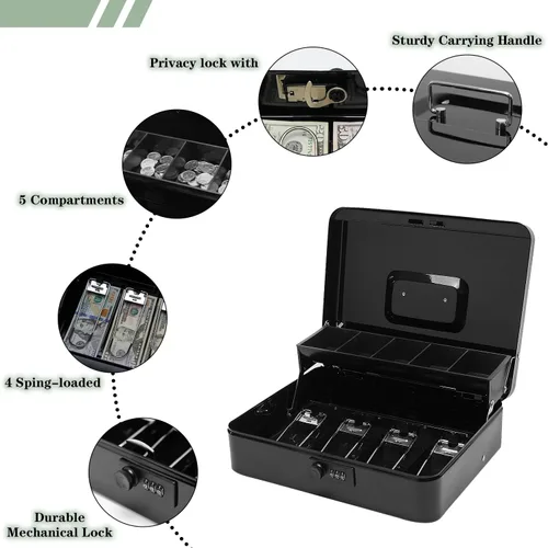 Vista 4 de Caja de efectivo con cerradura de combinación, caja de dinero de metal con bandeja de dinero, caja de bloqueo de efectivo para venta de garaje