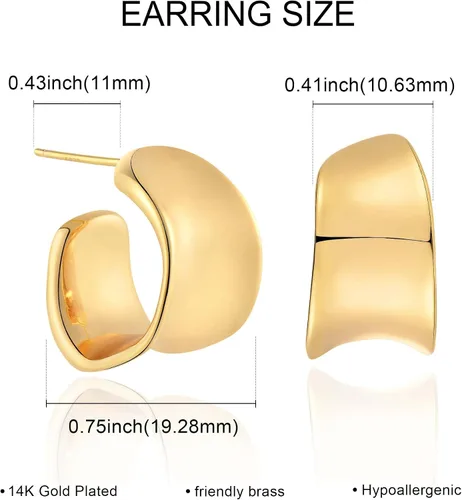 Vista 5 de Aretes de aro gruesos de oro para mujer, chapados en oro de 14 quilates, aretes gruesos pulidos en oro, delicados, simples, hipoalergénicos, regalo