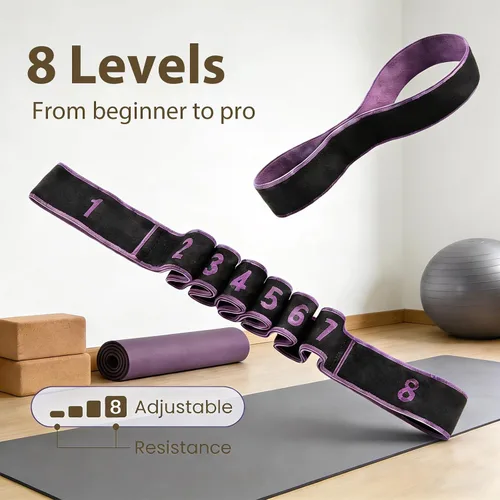 Vista 6 de Bandas de resistencia de fitness con asas para estiramiento y yoga, banda elástica de entrenamiento de 8 secciones con marcas claras, bandas