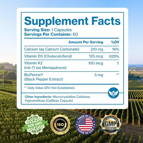Vista 5 de Pure Micronutrients Suplemento de vitamina D3 K2 MK7 100mcg, D3 5000 iu, calcio + bioperina Salud muscular y ósea, corazón, inmunidad y apoyo