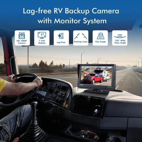 Vista 2 de Sistema de cámara de respaldo para RV, cámara de respaldo con cable de 7 pulgadas para camión, remolque, cámper, cámara de visión trasera HD 1080P