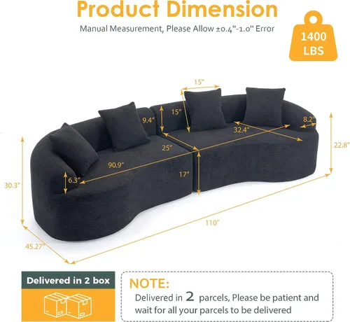 Vista 3 de Sofá modular de 110 pulgadas, sofá cama curvado sin huesos, sofá convertible en forma de L para sala de estar, dormitorio, apartamento, tela