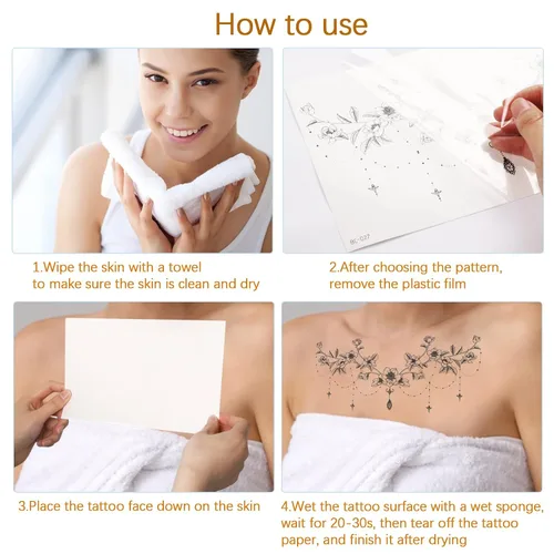 Vista 7 de 6 hojas de tatuajes temporales para mujeres y niñas, impermeables, tatuajes falsos de flores de rosas, tatuajes sexys debajo del busto, joyería