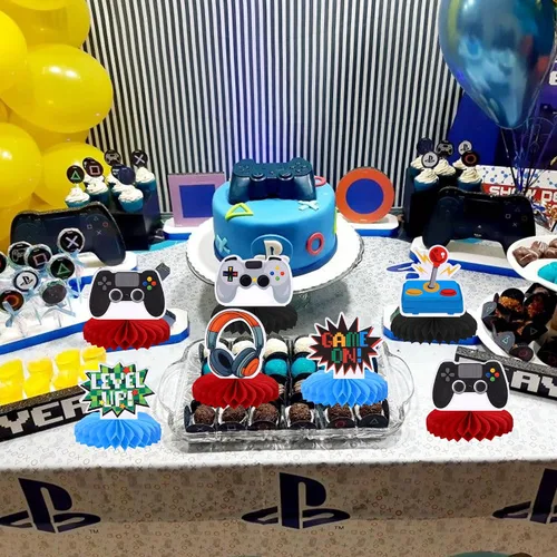 Vista 3 de 6 piezas de centros de mesa de panal de abeja de videojuegos Game On Controllers GamePad adornos de mesa centros de mesa decoración para baby shower