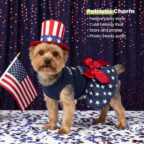 Vista 7 de Fitwarm Ropa de perro 100% algodón American Cutie para el 4 de julio, ropa para perros del Día de los Caídos, vestidos patrióticos, vestido de Cutie