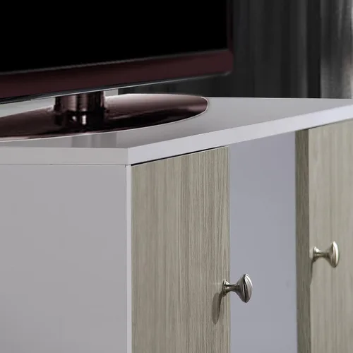 Vista 5 de Hodedah Soporte de TV de estilo retro con dos puertas de almacenamiento y patas de madera maciza, color blanco