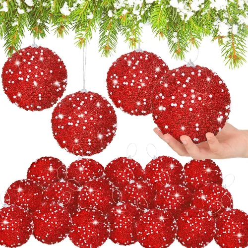 Vista 20 de Lyrow 24 piezas 3.15" Juego de adornos de bola de Navidad con purpurina, bola de espuma con lentejuelas colgante, decorativa, en masa, para árbol