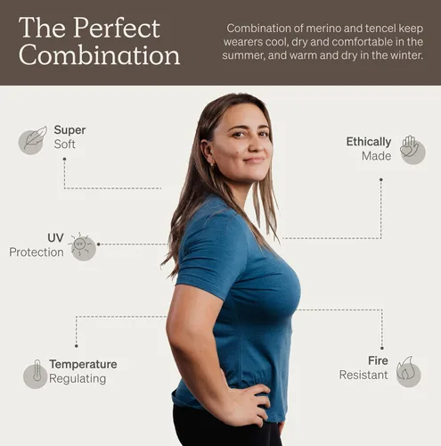 Vista 4 de Nui Organics - Camiseta de lana merino y Tencel Salus para mujer, capa base, tela natural ultrasuave, comodidad durante todo el año, transpirable.