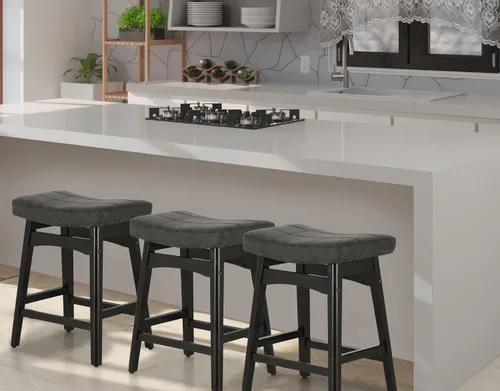 Vista 13 de Taburete de bar gris de madera maciza para encimera de cocina, taburete de bar con asiento de cuero sintético, taburete tapizado para isla de 34 a